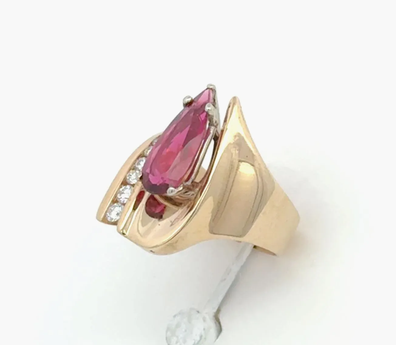 Pink Tourmaline "Rubellite Red" Elongated Pear Faceted Ring with 7 channel set Diamond accents (earth mined) by Sharon Teaman — view 2