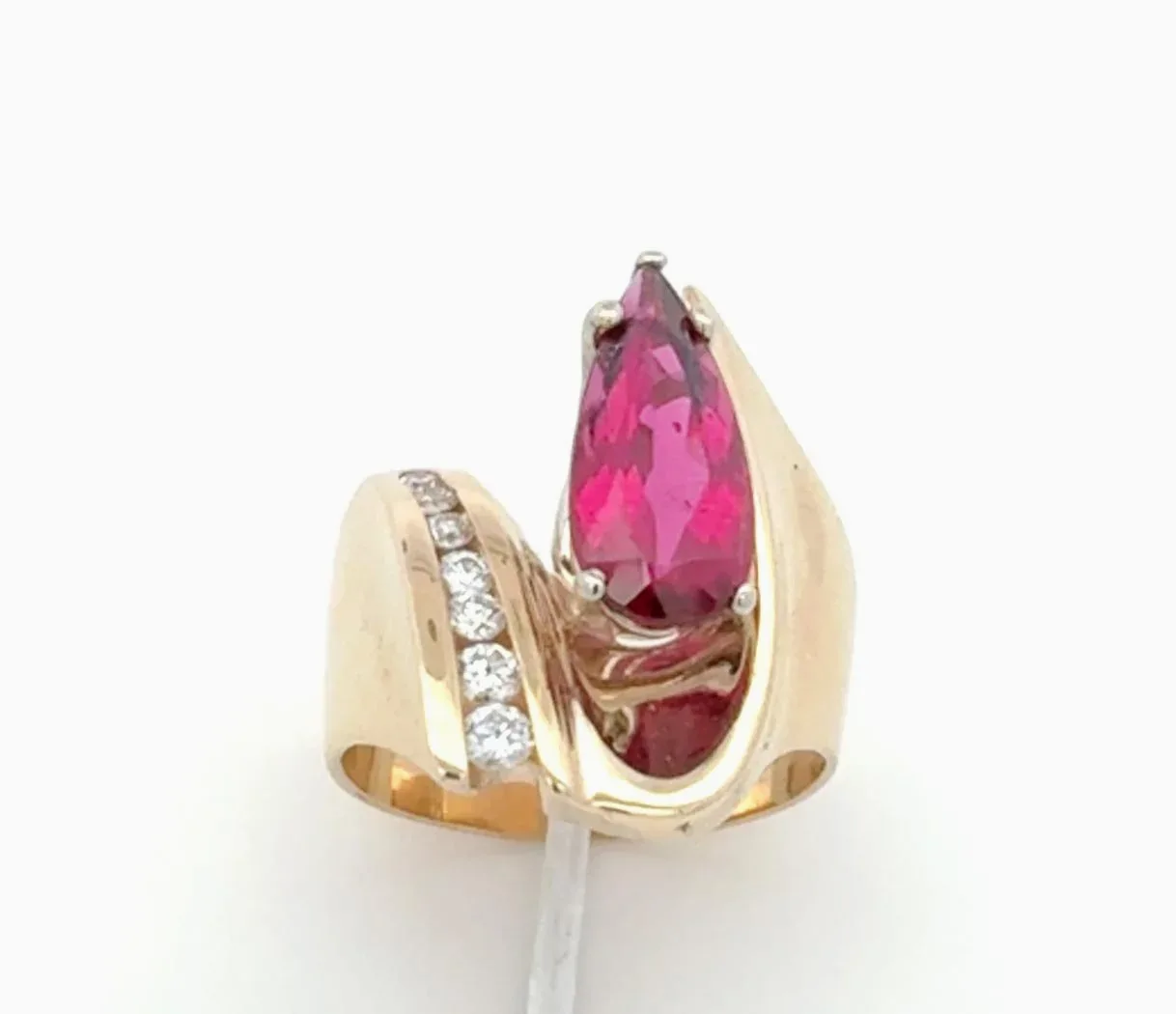 Pink Tourmaline "Rubellite Red" Elongated Pear Faceted Ring with 7 channel set Diamond accents (earth mined) by Sharon Teaman — view 3