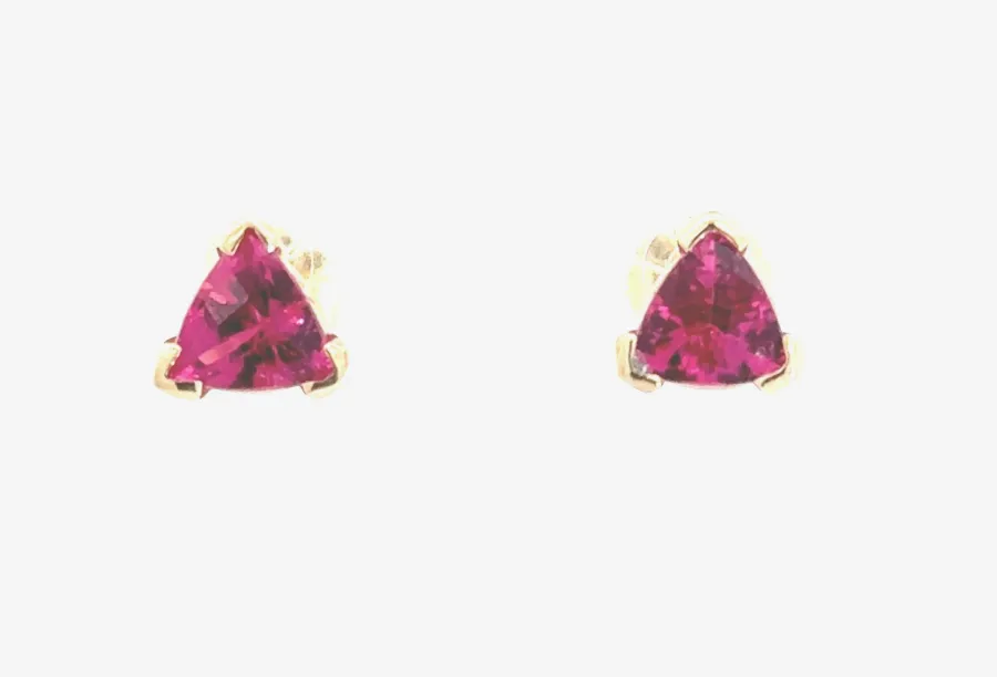 Pink Tourmaline Studs - Trillion 6mm 14k Yellow by Sharon Teaman