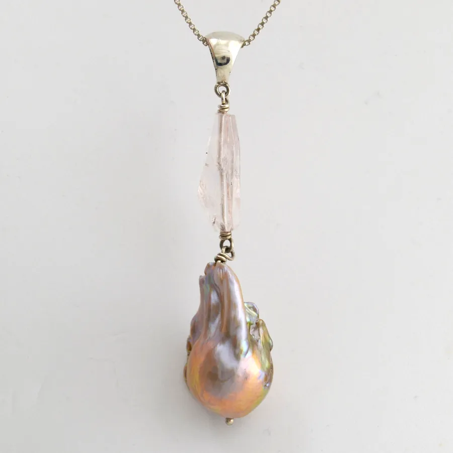 PK Pink Baroque Pearl and Morganite Crystal Pendant Combination by Sharon Teaman