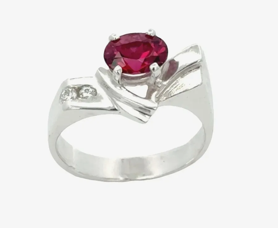 Rhodolite Garnet Horizontal Ring Faceted Oval 1.23 carat with 2 Moissanite Accents by Sharon Teaman