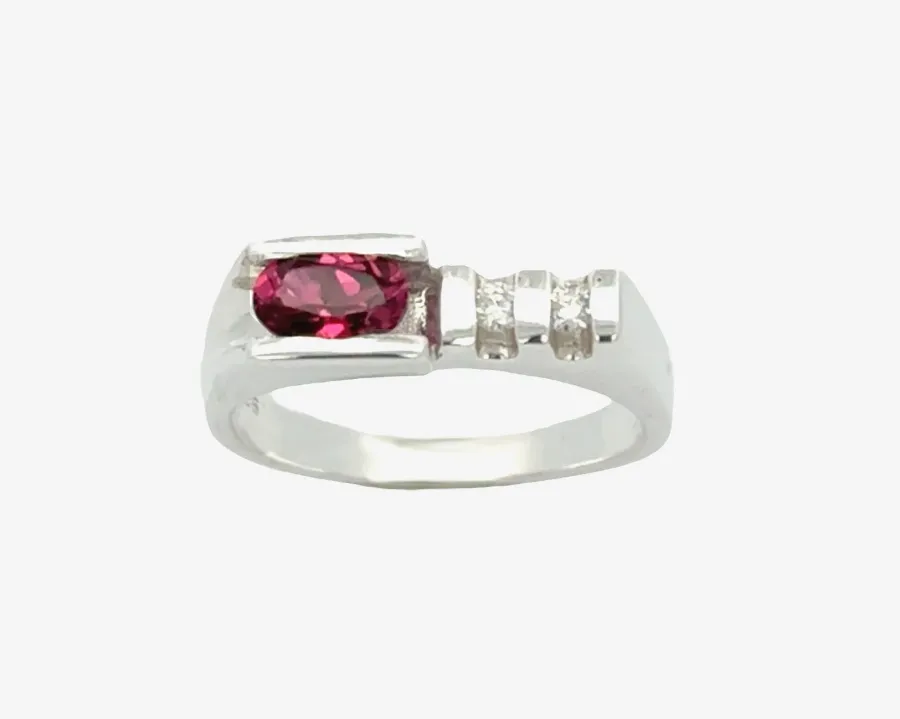 Rhodolite Garnet Horizontal Ring with Faceted Oval and Moissanite Accents by Sharon Teaman