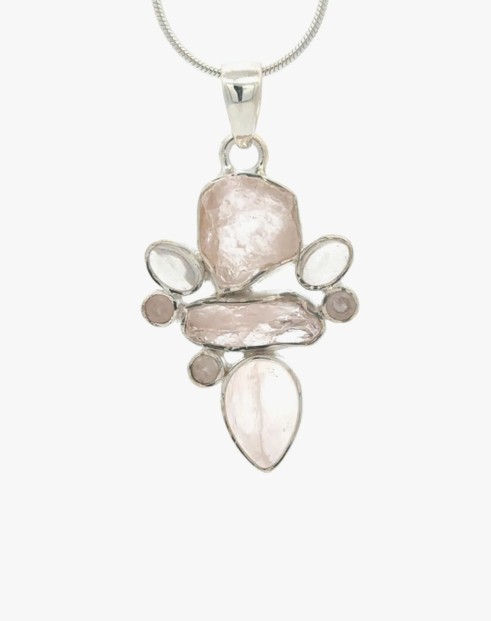 Rose Qtz SS 6 Rose Quartz Crystals Accented with Rainbow Moonstones Pendant in Sterling Silver by Sharon Teaman — view 1