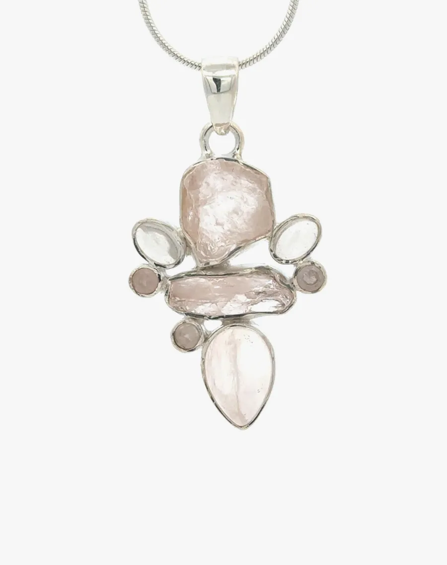 Rose Qtz SS 6 Rose Quartz Crystals Accented with Rainbow Moonstones Pendant in Sterling Silver by Sharon Teaman