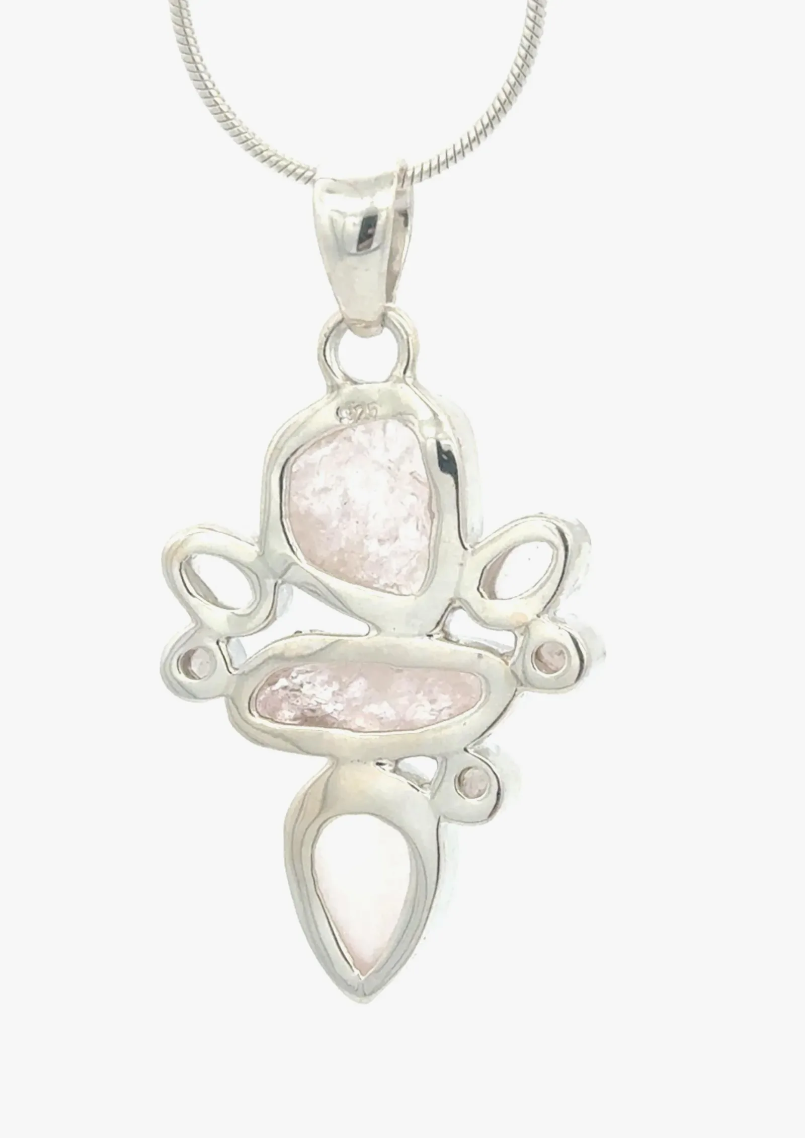 Rose Qtz SS 6 Rose Quartz Crystals Accented with Rainbow Moonstones Pendant in Sterling Silver by Sharon Teaman — view 2