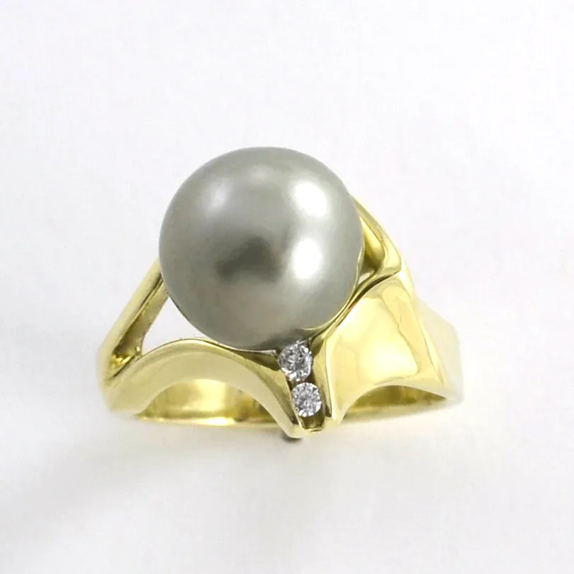 "Silver Green" Tahitian Pearl in Green Gold accented with 2 channel set Diamonds (Earth mined) by Sharon Teaman — view 1