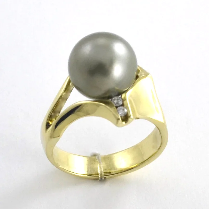 "Silver Green" Tahitian Pearl in Green Gold accented with 2 channel set Diamonds (Earth mined) by Sharon Teaman — view 2