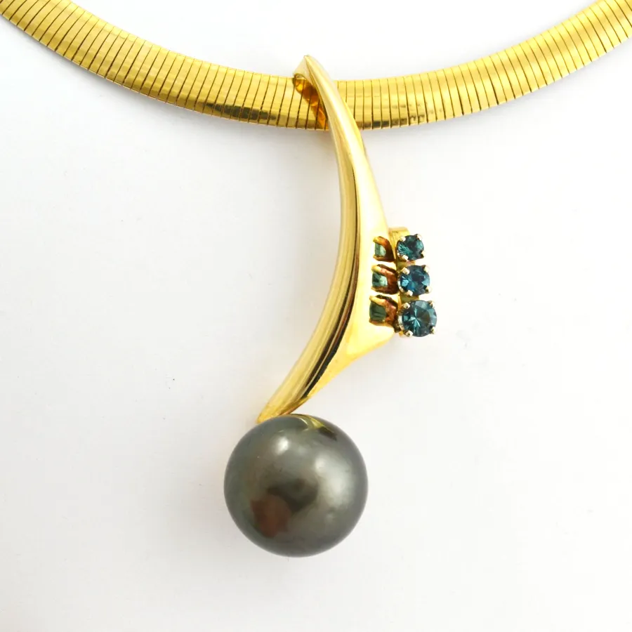 Tahitian (Teal Blush) 16.28mm Pearl Pendant with graduated Teal Tourmalines by Sharon Teaman