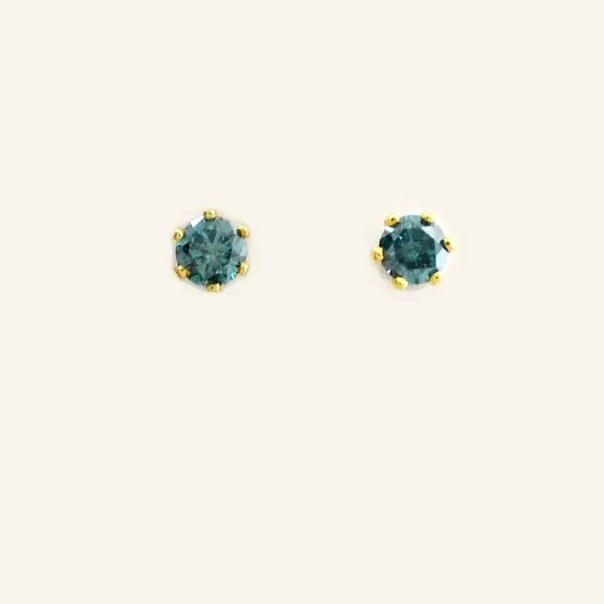 Teal Diamond Studs Round w/14K Yellow 6 prongs and Screw backs by Sharon Teaman — view 1