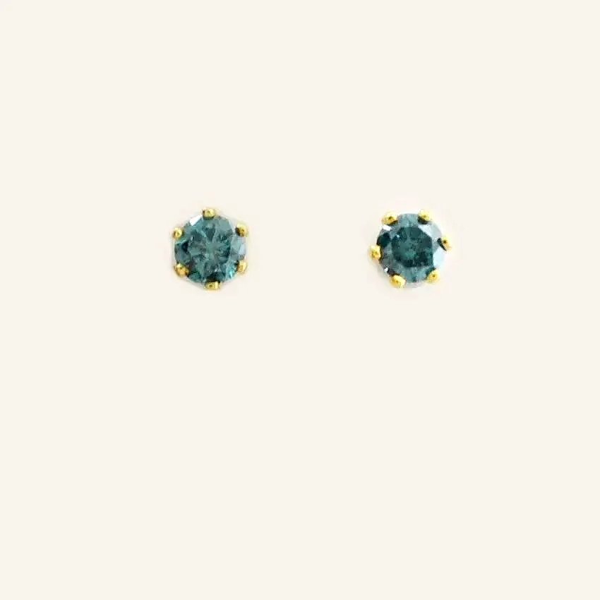 Teal Diamond Studs Round w/14K Yellow 6 prongs and Screw backs by Sharon Teaman