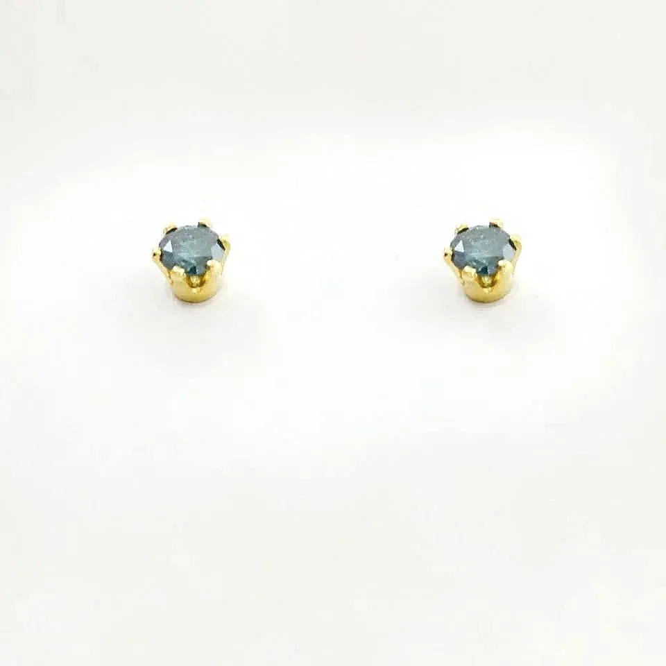 Teal Diamond Studs Round w/14K Yellow 6 prongs and Screw backs by Sharon Teaman — view 2