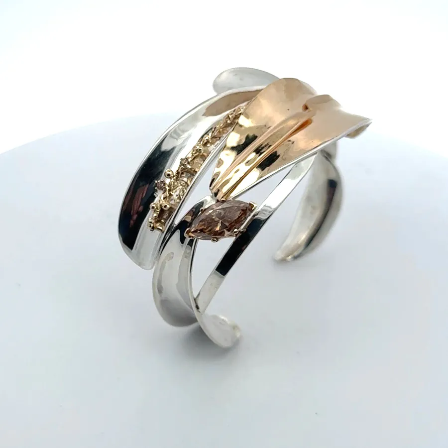 Two Tone 14K and Sterling Silver Leaf Bracelet with Cognac Diamonds by Sharon Teaman