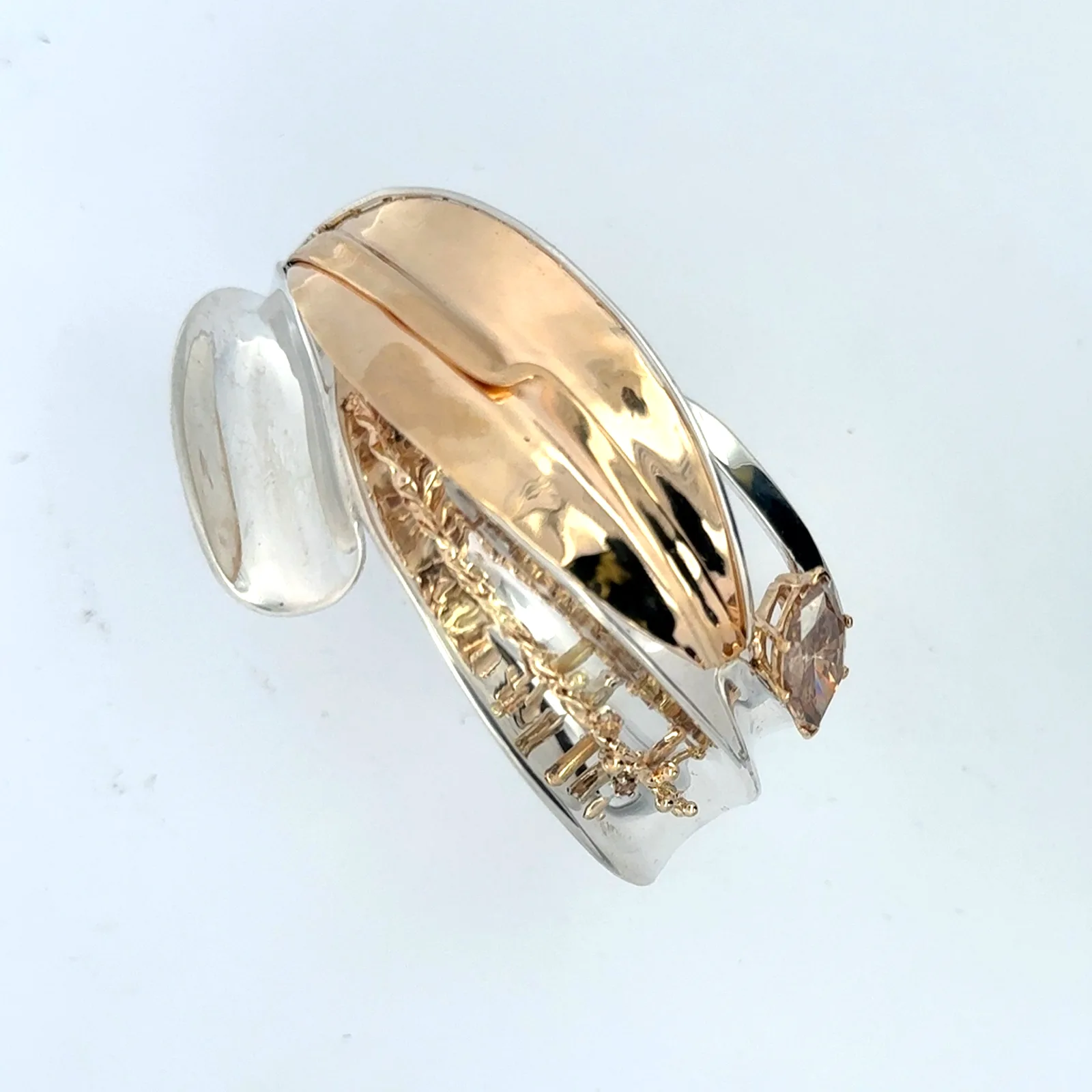 Two Tone 14K and Sterling Silver Leaf Bracelet with Cognac Diamonds by Sharon Teaman — view 2