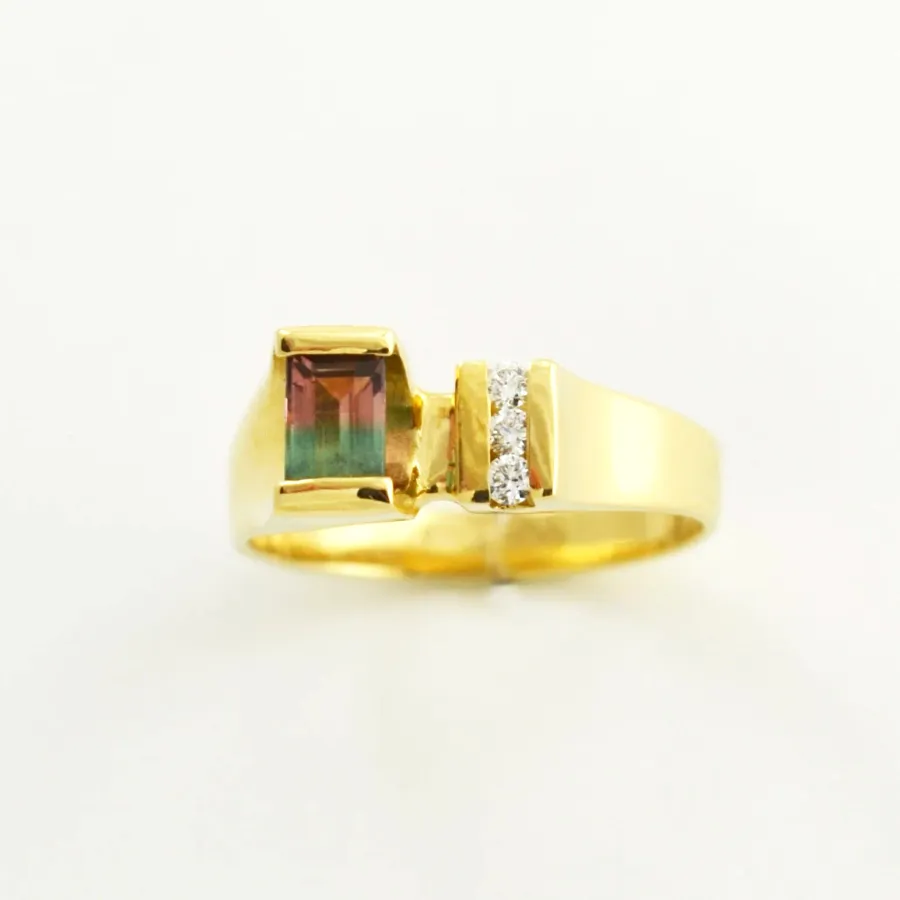 Watermelon Tourmaline Bar Cut Ring .60 carat with 3 channel set Diamond accents (earth mined) by Sharon Teaman
