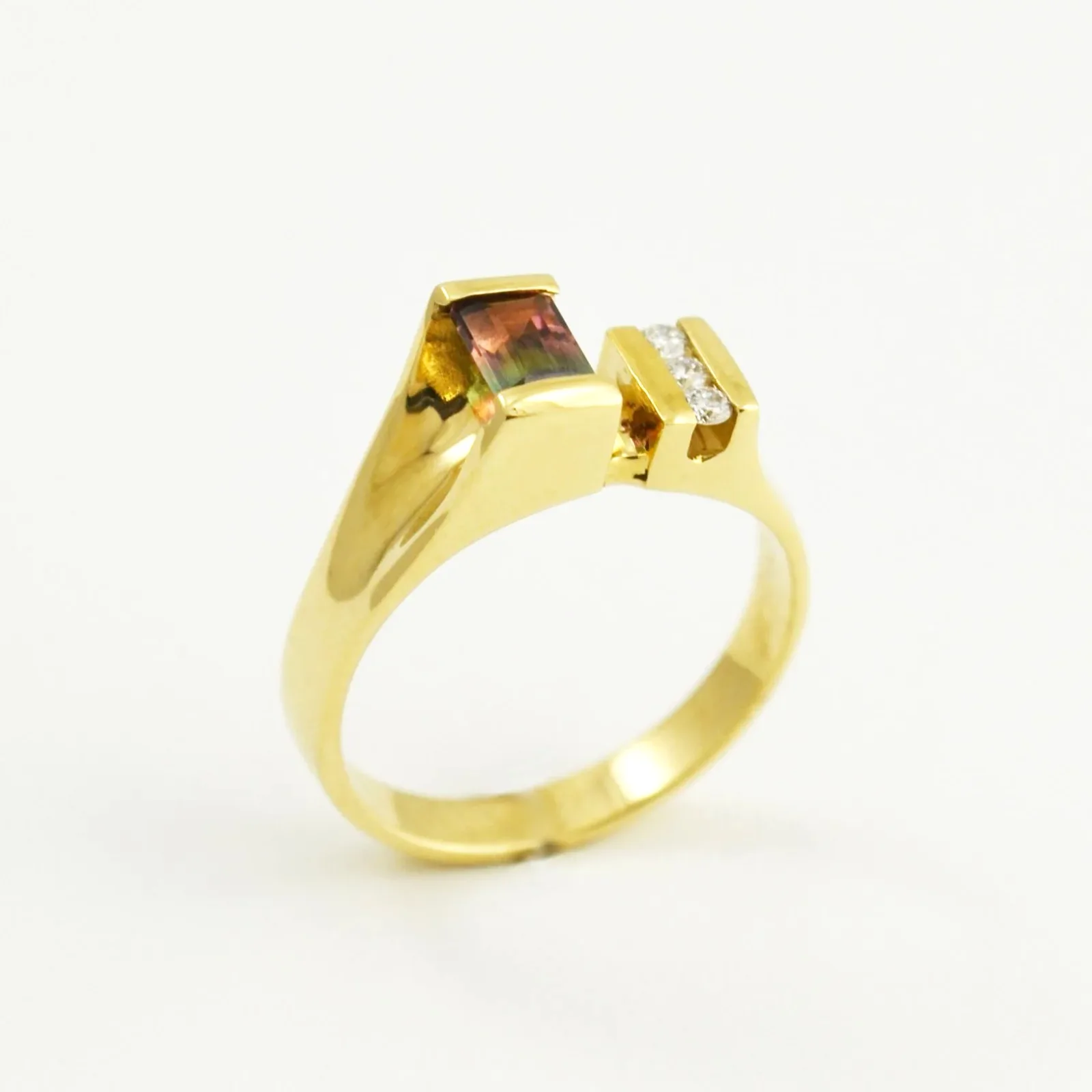 Watermelon Tourmaline Bar Cut Ring .60 carat with 3 channel set Diamond accents (earth mined) by Sharon Teaman — view 2