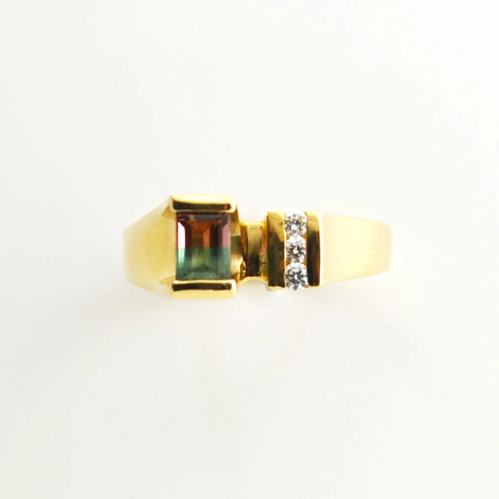 Watermelon Tourmaline Bar Cut Ring .60 carat with 3 channel set Diamond accents (earth mined) by Sharon Teaman — view 3