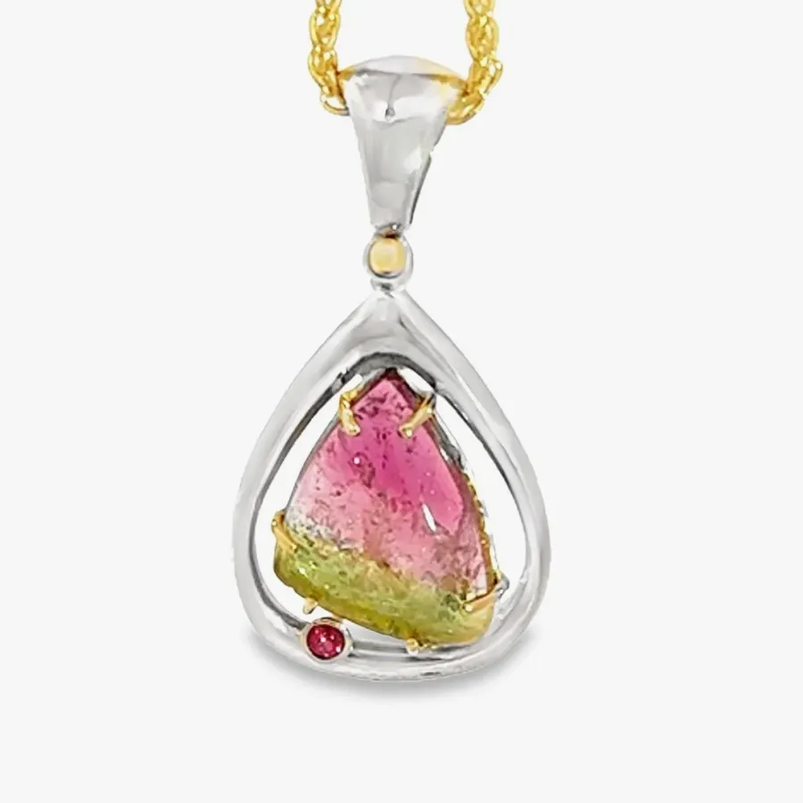 Watermelon Tourmaline Cabochon Pendant Sterling Silver and 14k — 3.6g by Sharon Teaman