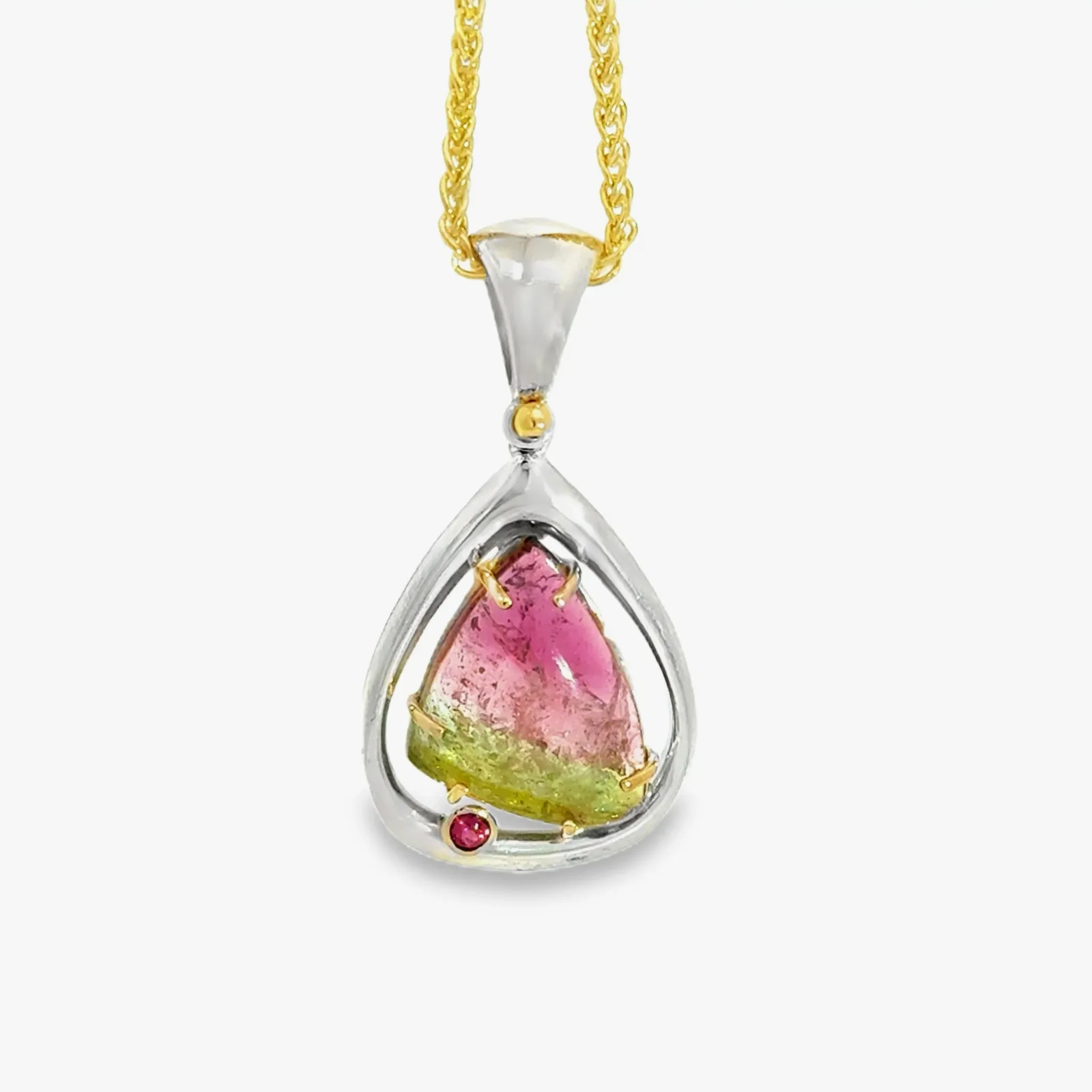 Watermelon Tourmaline Cabochon Pendant Sterling Silver and 14k — 3.6g by Sharon Teaman — view 2