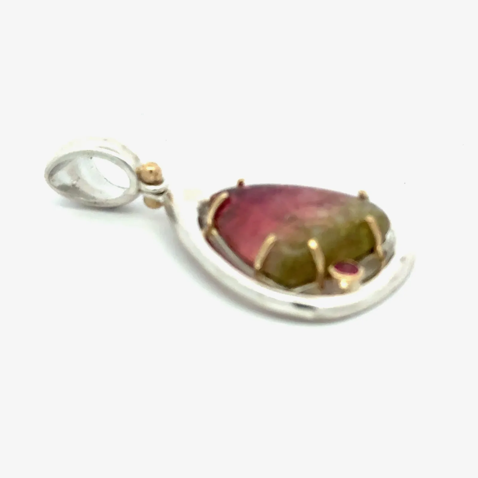 Watermelon Tourmaline Cabochon Pendant Sterling Silver and 14k — 3.6g by Sharon Teaman — view 3