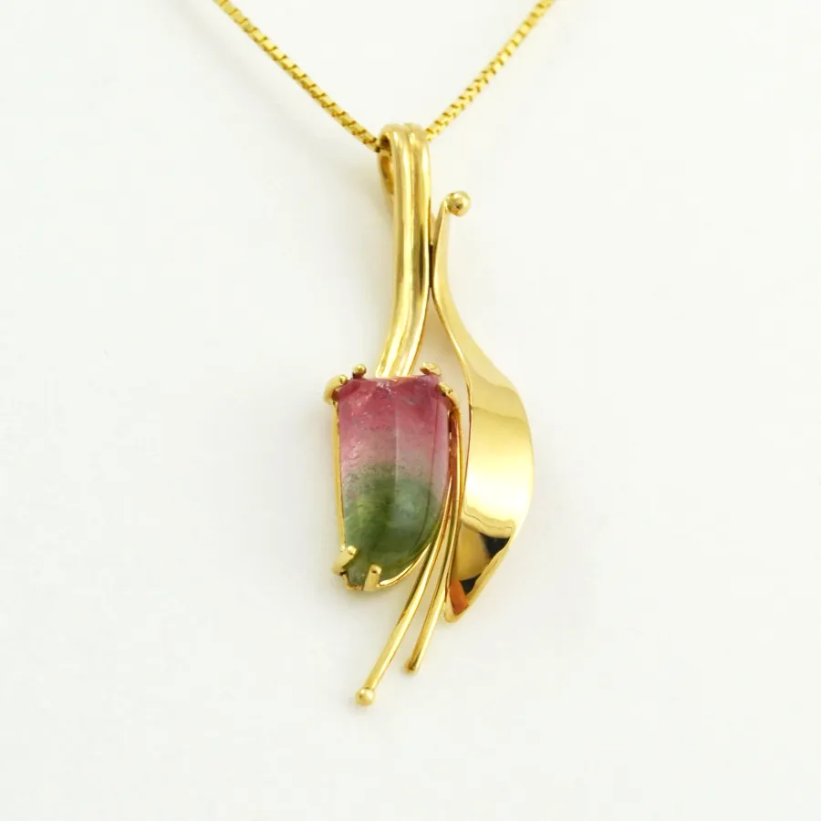 Watermelon Tourmaline Cabochon Pendant — Yellow Gold by Sharon Teaman