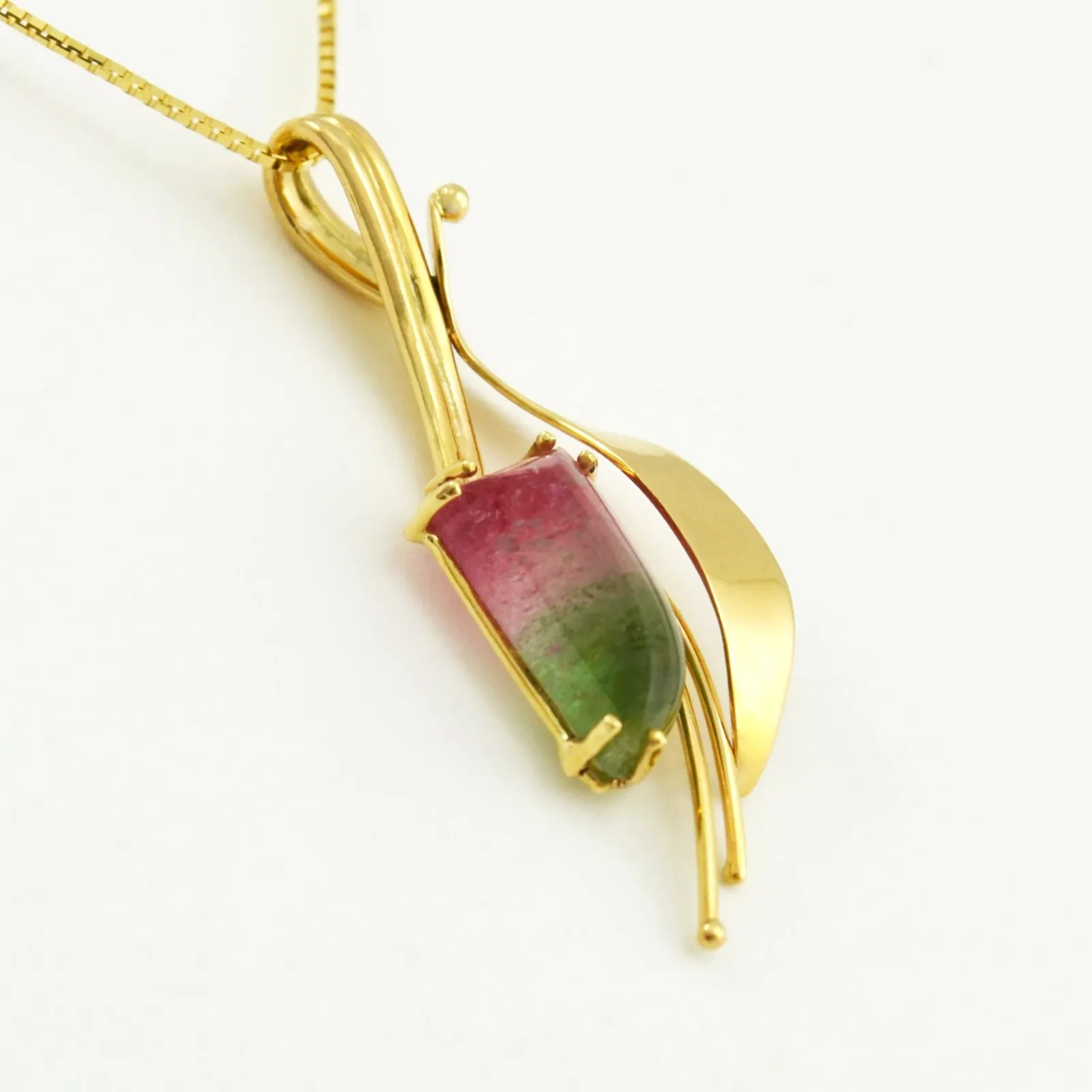 Watermelon Tourmaline Cabochon Pendant — Yellow Gold by Sharon Teaman — view 2