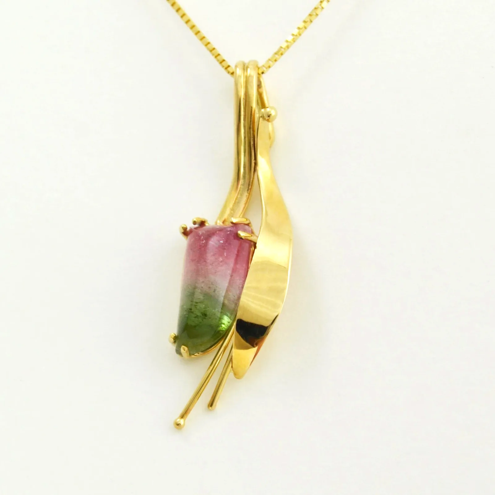 Watermelon Tourmaline Cabochon Pendant — Yellow Gold by Sharon Teaman — view 3